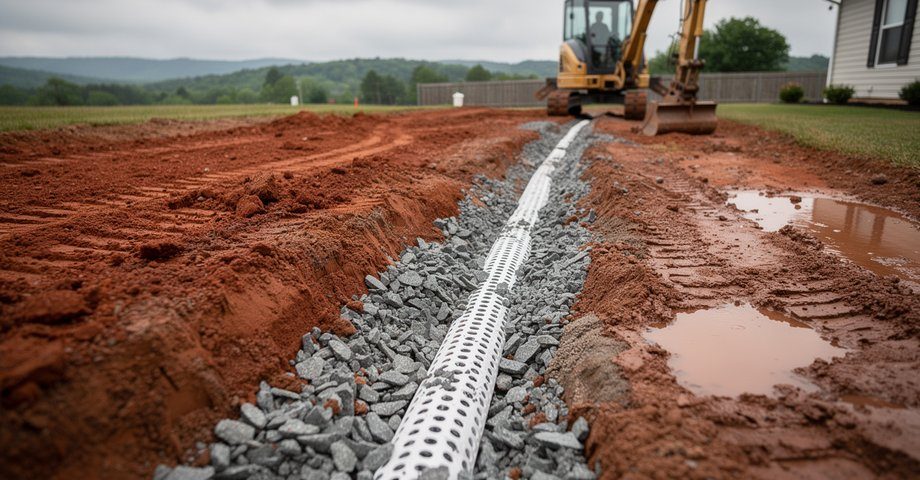 Drainage Solutions Drainage pipe and gravel trench installed to move water off a yard