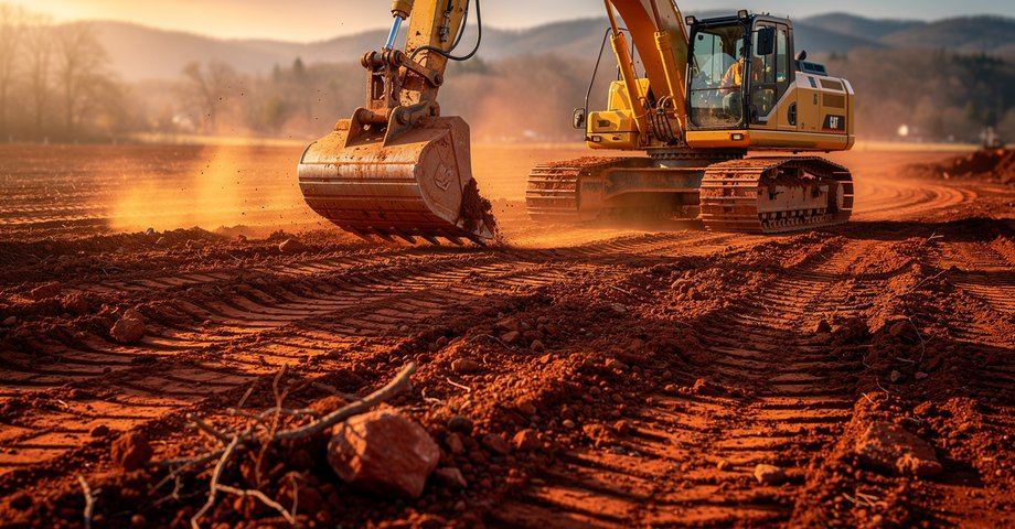 Excavator and bulldozer moving dirt on an excavation site