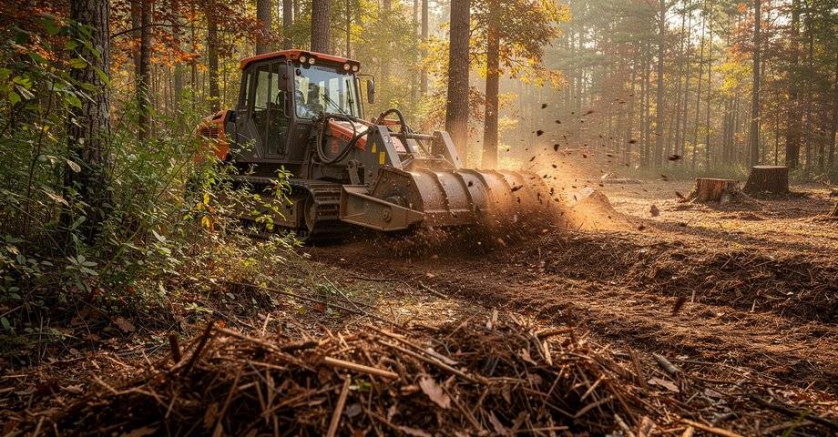 Forestry Mulching Forestry mulcher grinding underbrush into mulch in a wooded lot