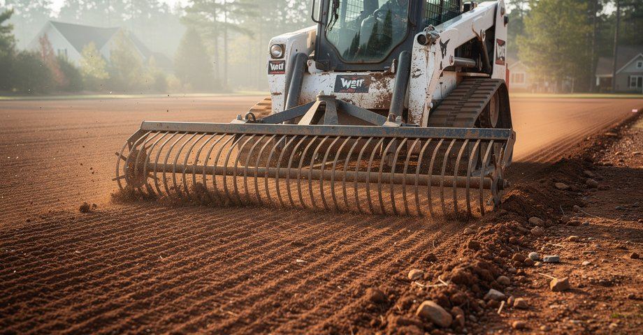 Harley rake attachment leveling soil into a smooth seedbed