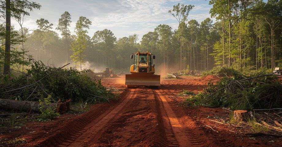 Bulldozer clearing and grading a wooded lot in Hickory, NC