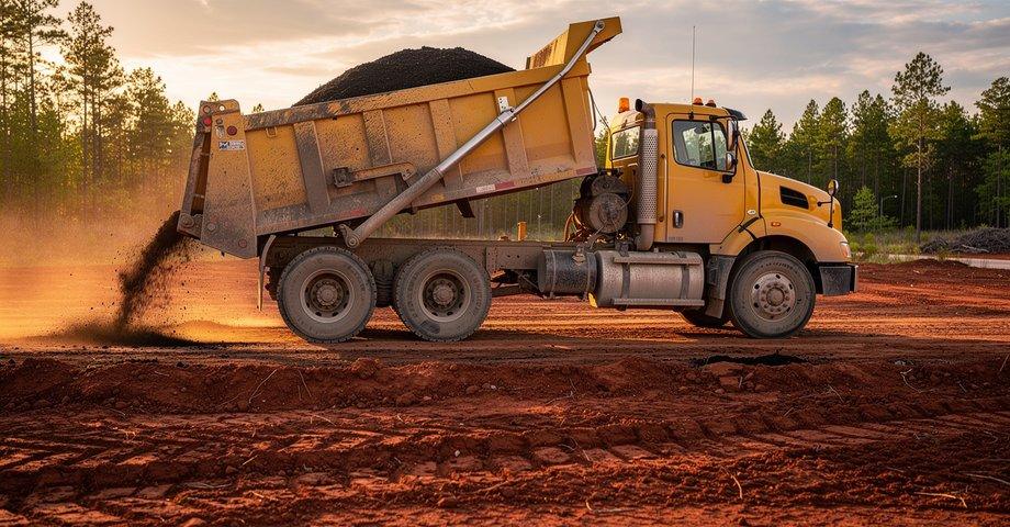 Dump truck hauling dirt and material from a job site