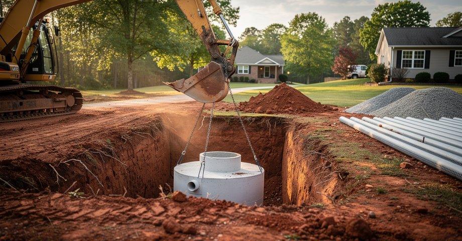 Septic tank being installed in an excavated pit