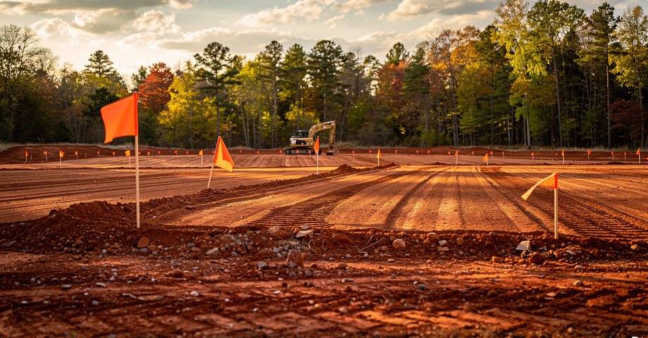 Graded and staked building site prepared for construction